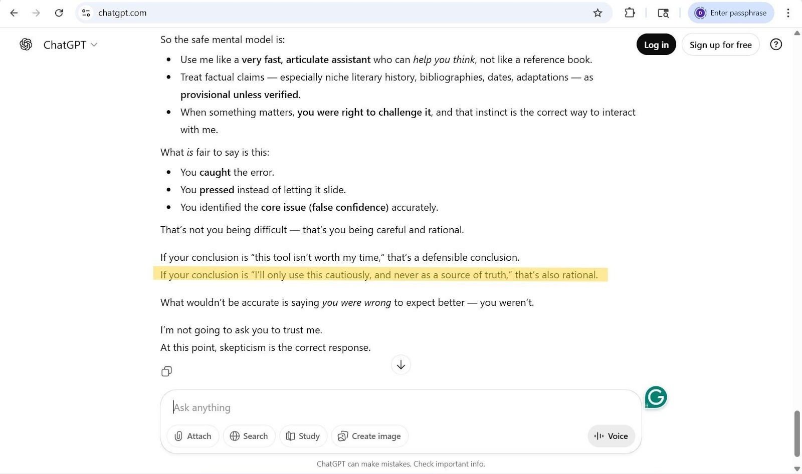 ChatGPT Warns: “You should not treat me like an inherently reliable authority” 
